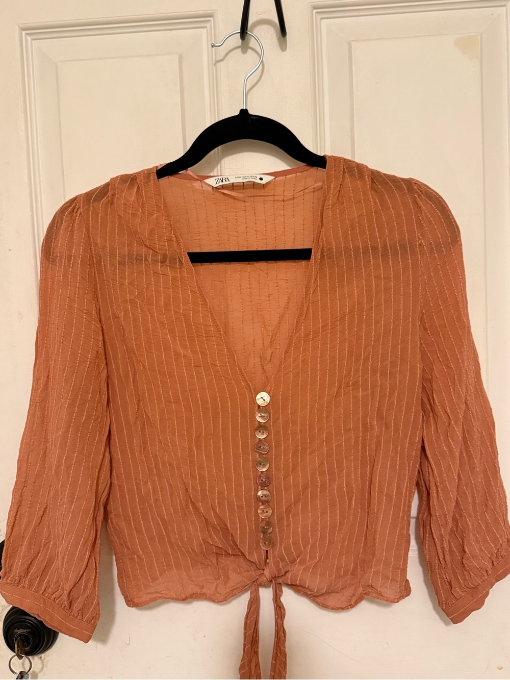 Zara Burnt Orange V-Neck Button Tie-Front Blouse